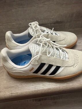 adidas PUIG White Suede Sneakers with Black Stripes and Gum Sole